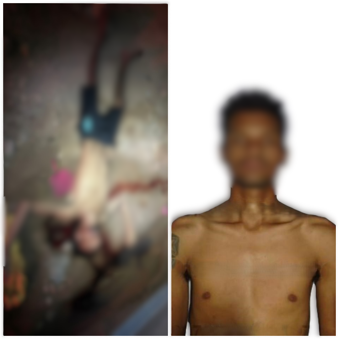 Imagem da cena do crime na rua Amapá, bairro Novo Brasil, foto do individuo morte na foto ao lado.