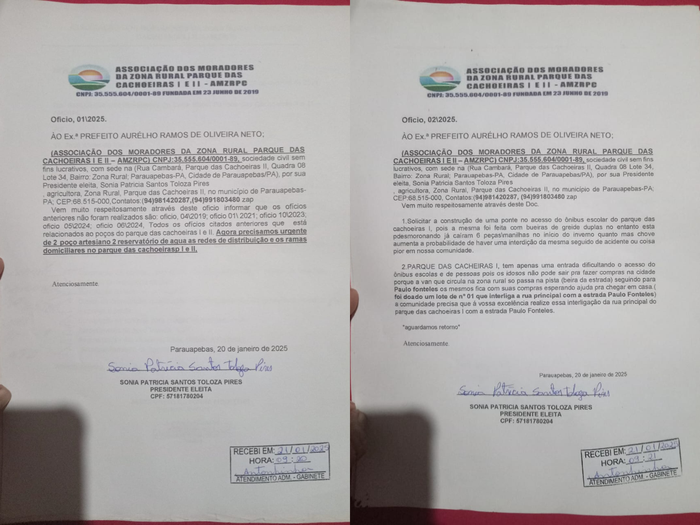 Parque das Cachoeiras: Oficio feito pela comunidade do Parque das Cachoeiras I e II pedindo por melhorias em determinadas áreas.