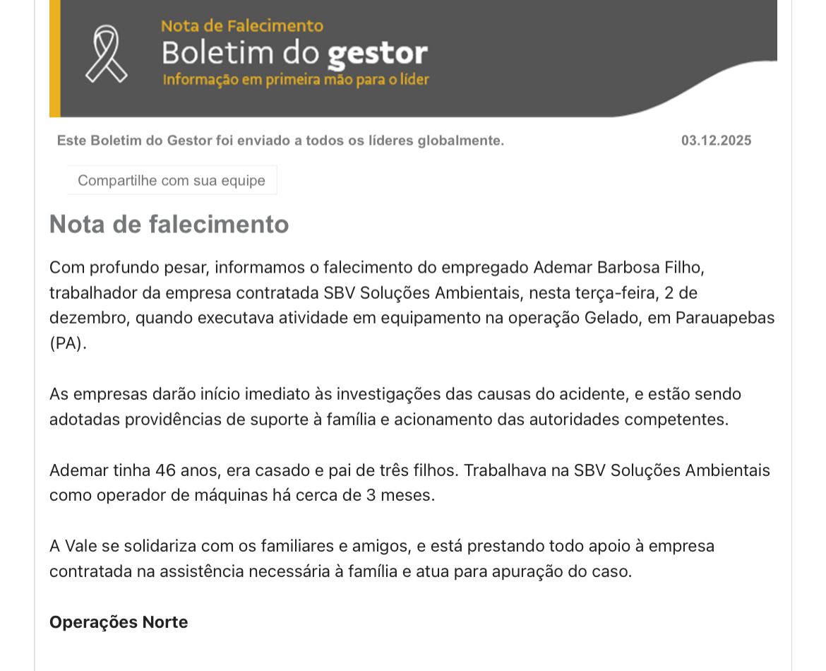 Tragédia: Operador de máquinas morre em acidente de trabalho durante operação no Gelado, em Parauapebas